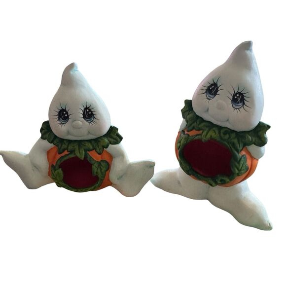 Ceramic Ghostly Pumpkins Hand Painted Halloween Figurine Shelf Sitters Set Of 2 - Picture 1 of 11